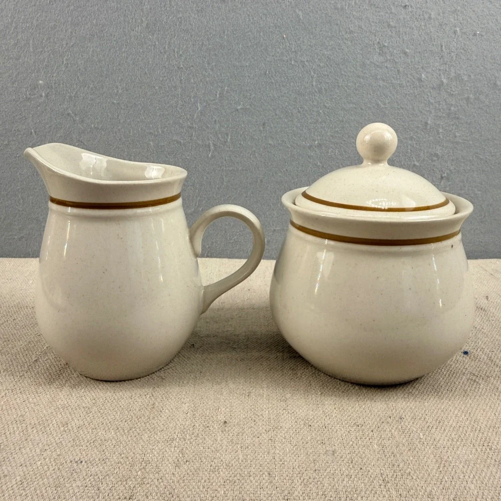 Vintage Kingsbury Stoneware Cream and Sugar Set Japan‎ Speckled Brown Band
